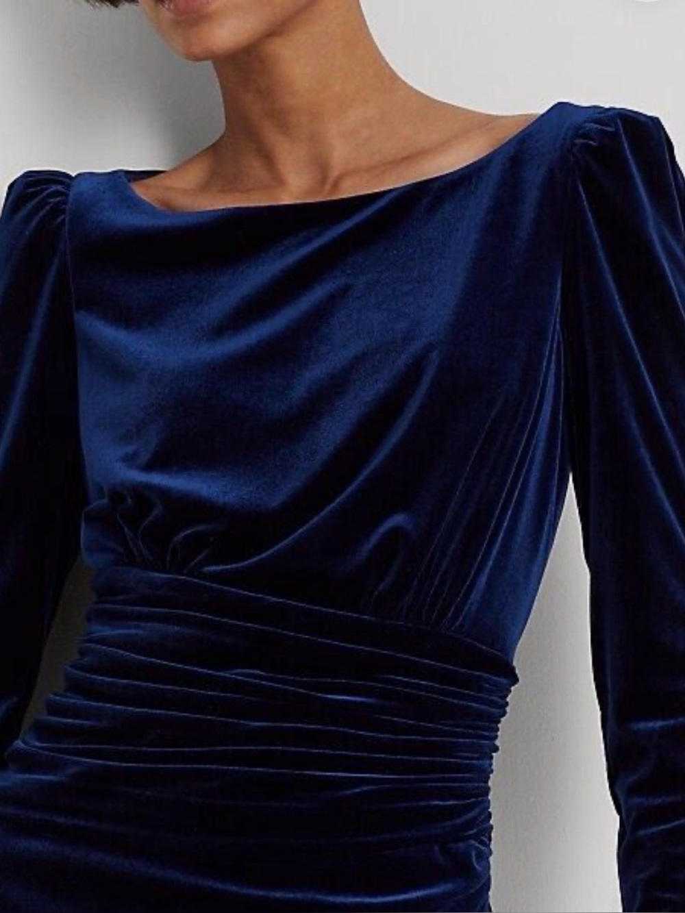NWT LRL Navy Velvet Long-Sleeve Ruched Evening Sheath Dress (10) - Picture 5 of 16